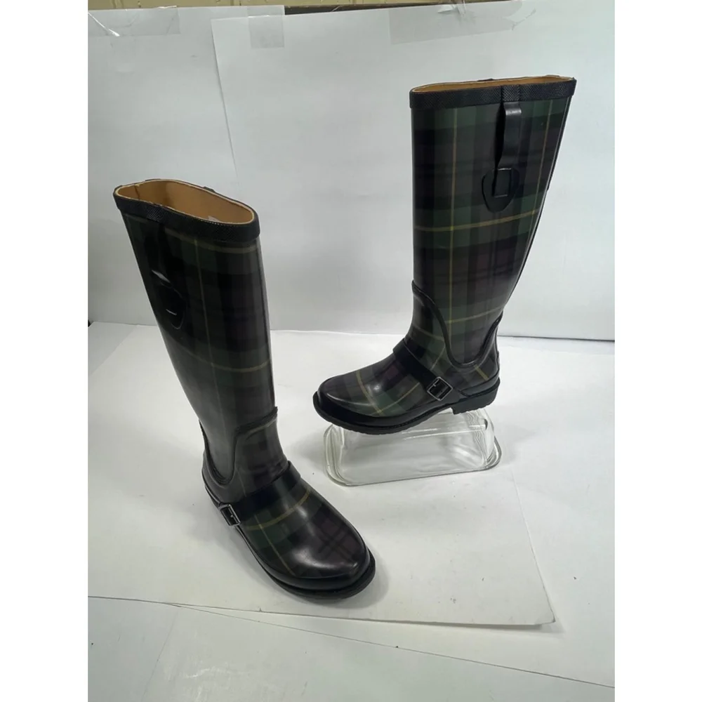 L.L.Bean Women's Green and Purple Plaid Rain Tall Boots Size‎ 7 Wellies Rubber